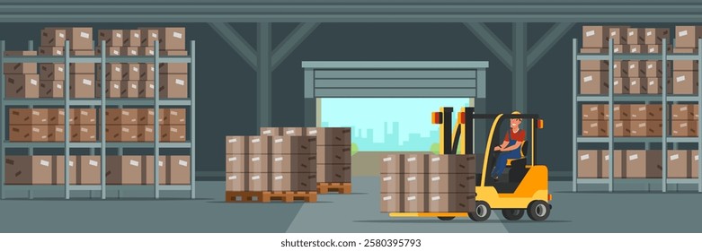 Warehouse indoor flat vector illustration. Factory storehouse worker character. Handyman loading cardboard boxes. Distribution, logistics, shipment.