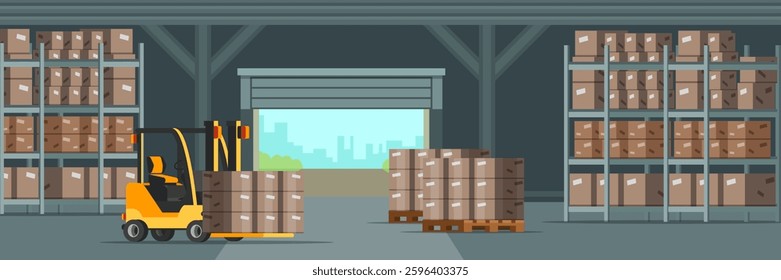 Warehouse indoor flat vector illustration. Factory storehouse background. Distribution, logistics, shipment concepts.