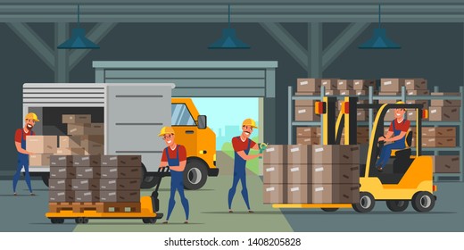 Warehouse indoors flat vector illustration. Factory storehouse workers cartoon characters. Handymen loading cardboard boxes. Distribution, logistics, shipment. Professional machinery, equipment