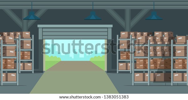 屋内の平らなベクター画像イラスト 工場の倉庫の漫画の背景 流通 物流 出荷 のベクター画像素材 ロイヤリティフリー