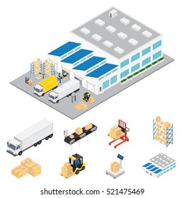 Warehouse industrial area isometric with cars and trucks servicing warehouse colored in volumetric style vector illustration
