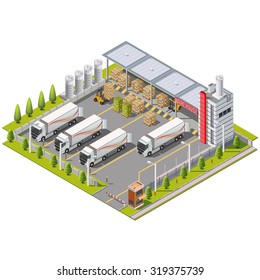 Warehouse Industrial area with area for loading and unloading, shipping and delivery, transportation and building. Isolated vector 3D isometric concept