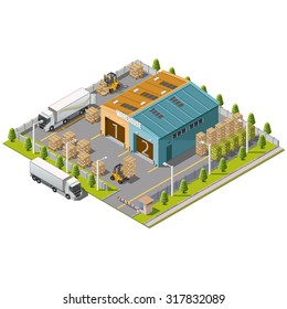 Almacén Área industrial con asientos para carga y descarga, envío y entrega, transporte y construcción. Concepto isométrico vectorial 3D aislado