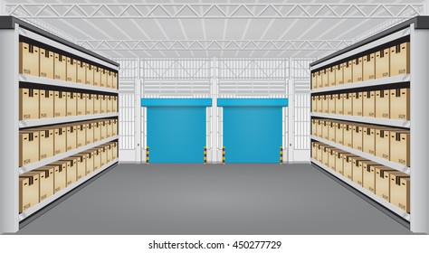 Warehouse or industrial building. Consist of cargo box on shelf and empty space. Use as distribution center for loading, storage, warehousing, shipping and freight forwarding. Vector illustration.