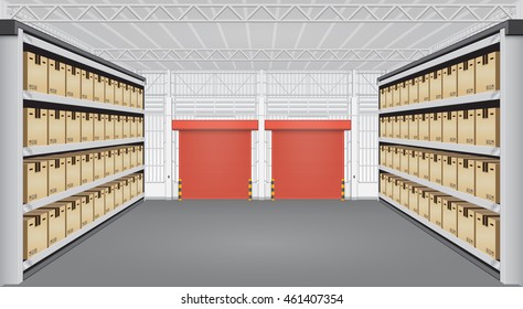 Warehouse or industrial building. Consist of cargo box on shelf and empty space. Use as distribution center for loading, storage, warehousing, shipping and freight forwarding. Vector illustration.
