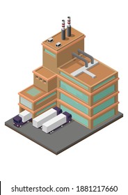 Warehouse industrial building with delivery transportation. Isolated vector 3D isometric concept