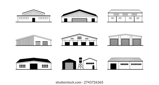 Warehouse and Industrial Building Icon Set – Factory Storage Line Icons