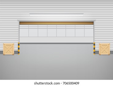 Warehouse or industrial building with open roller shutter and empty space inside. Use as distribution center for loading, storage, warehousing, shipping and freight forwarding. Vector illustration.