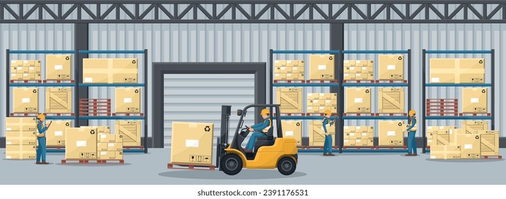 Warehouse with industrial metal racks for pallet support. Forklift loading boxes. Worker doing inventory of merchandise. Cargo and shipping logistics. Industrial storage and distribution of products