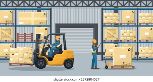 Warehouse with industrial metal racks for pallet support. Forklift loading boxes. Worker doing inventory of merchandise. Cargo and shipping logistics. Industrial storage and distribution of products