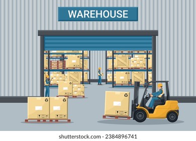 Warehouse with industrial metal racks and shelves for pallet support. Worker driving a forklift. Forklift driving safety. Cargo and shipping logistics. Industrial storage and distribution of products