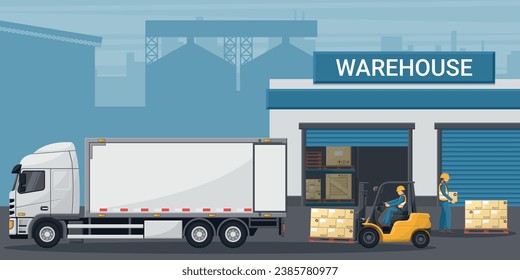 Warehouse with industrial metal racks and shelves for pallet support. Forklift loading boxes to a container truck. Cargo and shipping logistics. Industrial storage and distribution of products
