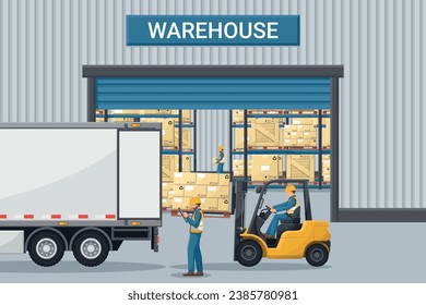 Warehouse with industrial metal racks and shelves for pallet support. Forklift loading boxes to a container truck. Cargo and shipping logistics. Industrial storage and distribution of products
