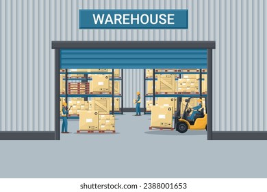 Warehouse with industrial metal racks and shelves for pallet support. Worker driving a forklift. Forklift driving safety. Cargo and shipping logistics. Industrial storage and distribution of products