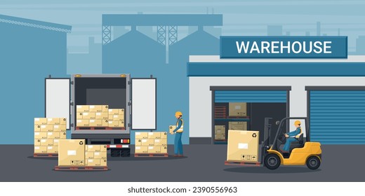 Warehouse with industrial metal racks and shelves for pallet support. Forklift loading boxes to a container truck. Cargo and shipping logistics. Industrial storage and distribution of products
