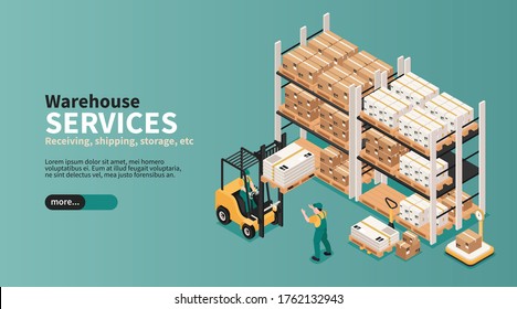Warehouse industrial space storage pick pack orders shipping delivering logistic services isometric landing page banner vector illustration 