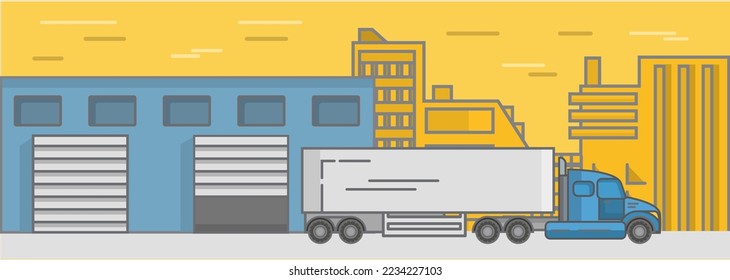 Warehouse industry cargo truck service logistics and distribution flat vector illustration. Factory for storage parcel package, merchandise and export import freight box