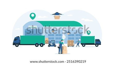 Warehouse Industry Featuring Storage Buildings, Forklift, Trucks, and Racks with Boxes. Illustration Highlighting Modern Logistics Operations, Efficient Inventory Management.