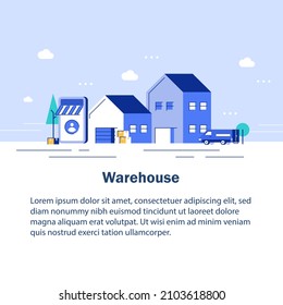 Warehouse industry with storage buildings, forklift, truck and rack with boxes. Vector illustration