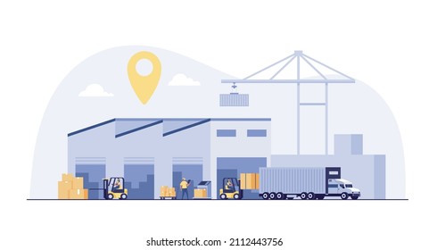 Warehouse industry with storage buildings, forklift, truck and rack with boxes.