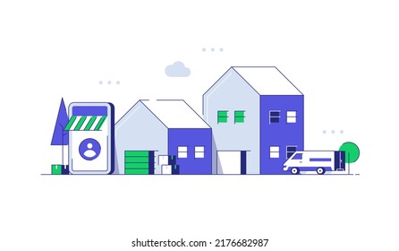 Warehouse industry with storage buildings, forklift, truck and rack with boxes. Vector illustration