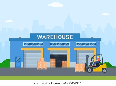 Warehouse industry with storage buildings, forklift and rack with boxes. The loader carries goods to the warehouse. Distribution logistic and cargo delivery concept. Vector illustration in flat style