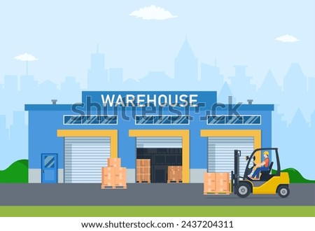 Warehouse industry with storage buildings, forklift and rack with boxes. The loader carries goods to the warehouse. Distribution logistic and cargo delivery concept. Vector illustration in flat style