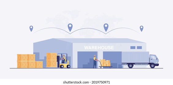Warehouse industry with storage buildings Warehouse Logistics. Forklifts, Trucks and Racks with Boxes. warehouse management , logistics management. vector illustration