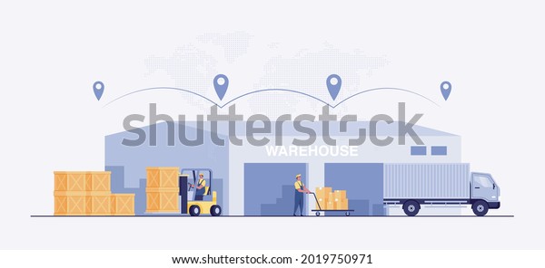 Warehouse industry with\
storage buildings Warehouse Logistics. Forklifts, Trucks and Racks\
with Boxes. warehouse management , logistics management. vector\
illustration