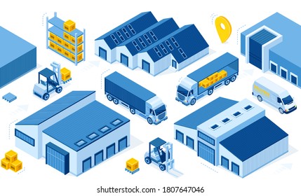Warehouse industry with storage buildings, trucks, forklift and rack with boxes. Vector isometric set of storehouse, pallet, lorry and loader. Distribution logistic and cargo delivery concept