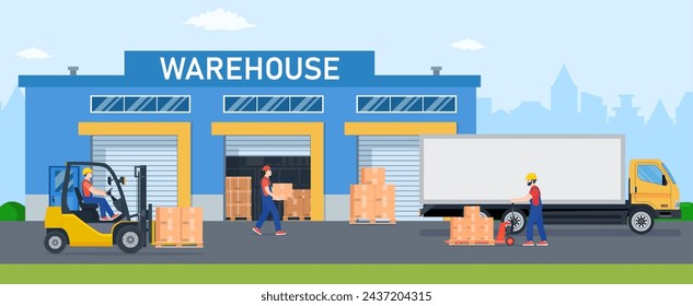 Warehouse industry with storage buildings, trucks, forklift and rack with boxes. Distribution logistic and cargo delivery concept. Vector illustration in flat style