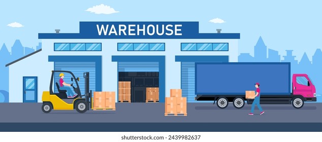 Warehouse industry with storage buildings, trucks, forklift and rack with boxes. Distribution logistic and cargo delivery concept. Vector illustration in flat style