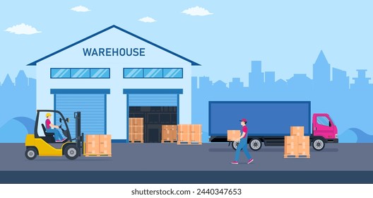 Warehouse industry with storage buildings, trucks, forklift and rack with boxes. Distribution logistic and cargo delivery concept. Vector illustration in flat style