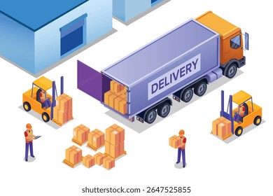 Warehouse industry with storage buildings, trucks, forklift and people with boxes