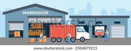 Warehouse industry vector art. Warehouse building illustration. Storehouse logistics vector stock. Storehouse beside garage truck delivery. Storehouse boxes. People work in warehouse. Warehouse worker