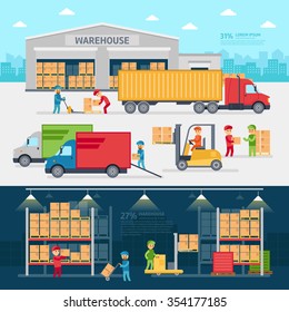 Warehouse Infographic Elements Vector Flat Design. People Sort Items And Send Them To The Consumer Of Service Delivery.