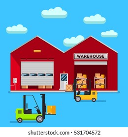 Warehouse infographic elements vector flat design. People in stock items are sorted and sent them to the consumer service delivery