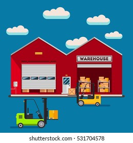 Warehouse infographic elements vector flat design. People in stock items are sorted and sent them to the consumer service delivery