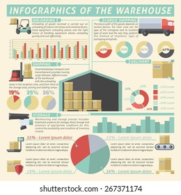 Warehouse infographic set with logistics and transportation symbols and charts vector illustration