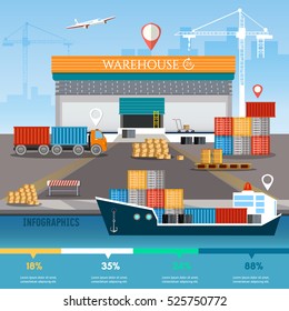 Warehouse infographics, industrial sea port with containers, cargo ships, logistic and delivery service. Global delivery, logistics set of air cargo trucking rail transportation maritime shipping 