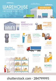 Warehouse infographics set with goods delivery and merchandise symbols vector illustration