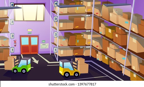 Warehouse Inside Interior with Logistics Transport and Delivery Vehicles. Loaders Unloading Cargo on Shelves with Goods. Forklift Trucks, Logistic Shipping Service Cartoon Flat Vector Illustration