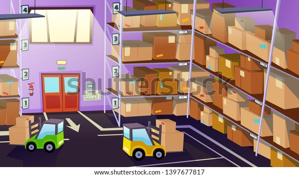 Warehouse Inside Interior with Logistics\
Transport and Delivery Vehicles. Loaders Unloading Cargo on Shelves\
with Goods. Forklift Trucks, Logistic Shipping Service Cartoon Flat\
Vector Illustration