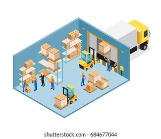 Warehouse inside isometric composition including manager and workers, forklifts, shelves with goods, unloading cargo vector illustration 