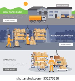 Warehouse inside and outside horizontal banners with workers trucks and goods flat vector illustration 