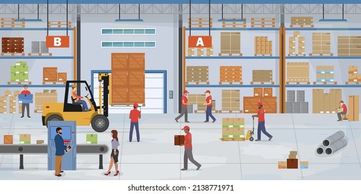 Warehouse inside, warehouse workers work in the warehouse. Workers arrange parcels on pallet and shelves. Vector illustration
