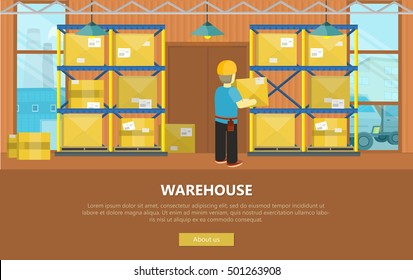 Warehouse interior banner. Equipment delivery process of warehouse. Warehouse interior, logisti and factory, loader man in warehouse building exterior, business delivery, storage cargo illustration