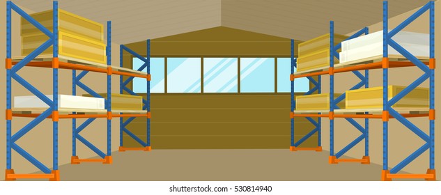 Warehouse interior banner. Warehouse interior, logisti and factory building interior, business delivery, storage cargo illustration. Logistics and transportation of cargo