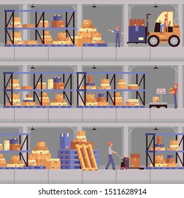 Warehouse interior banner set - flat cartoon storage facility staff loading a forklift, weighing cardboard box and loading a trolley. Vector illustration