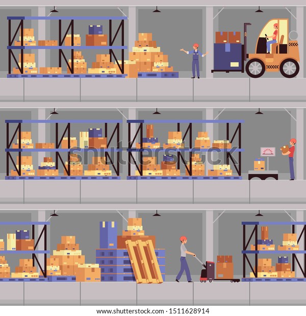 Warehouse interior banner set - flat cartoon\
storage facility staff loading a forklift, weighing cardboard box\
and loading a trolley. Vector\
illustration